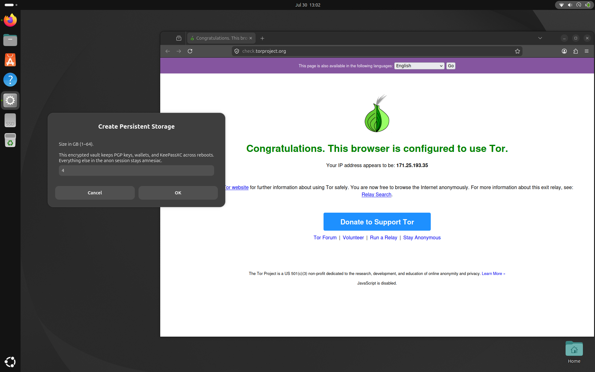 Amnesia anon session with Tor check and persistent storage