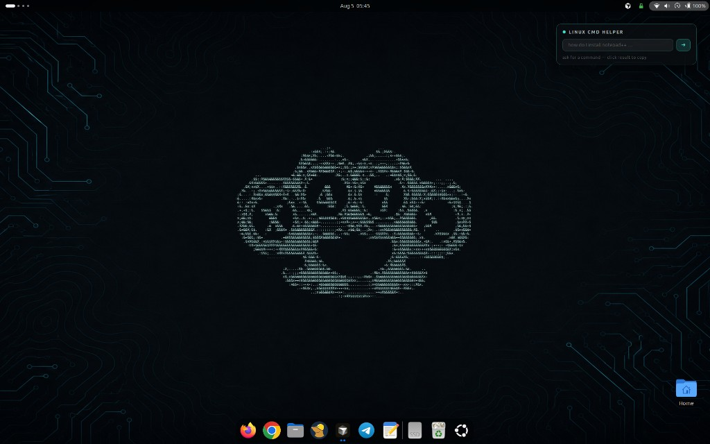 Ubuntu X47 desktop with ASCII duster wallpaper, bottom dock, and Linux CMD Helper widget